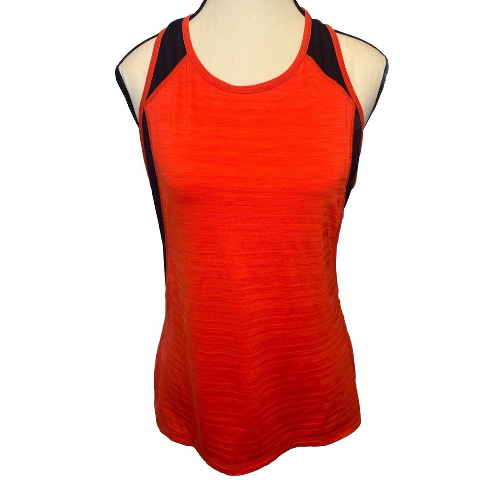 Athleta ORANGE w/ NAVY BLUE Mesh Spiral Spinner Racerback Tank Sz Medium